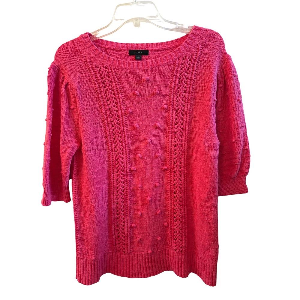 J. Crew Pink Pointelle Bobble Knit Sweater Puff Sleeve‎ Pom Pom Top Medium